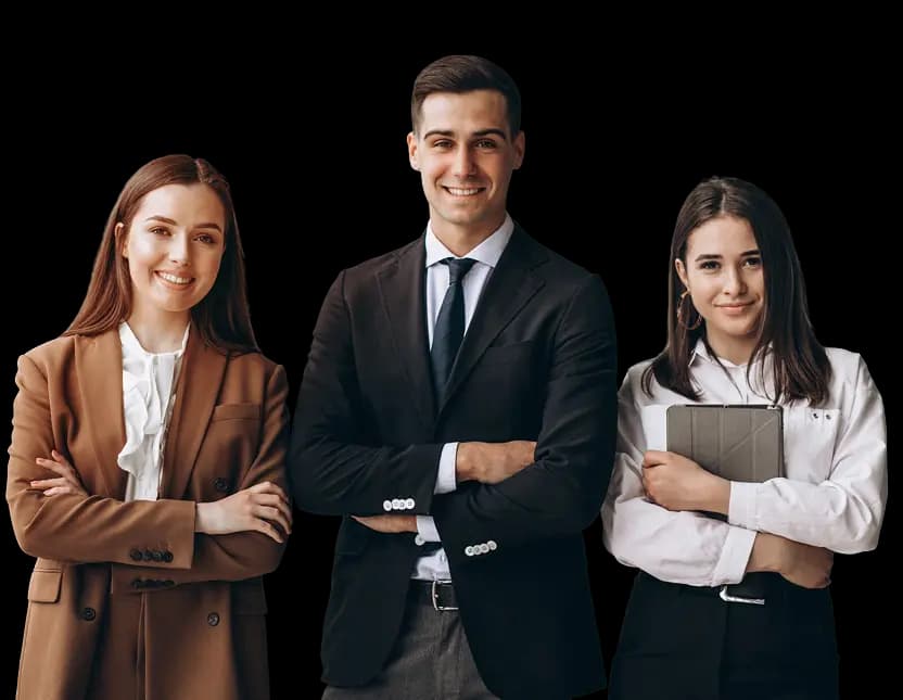Career team standing together in front of an abstract grid background